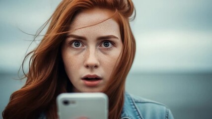 Shocked Redhead Woman Reads Stunning News on Phone Outdoors. - Powered by Adobe