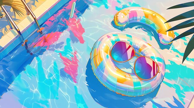 Illustration of aesthetic pool party, multicolor holographic inflatable float