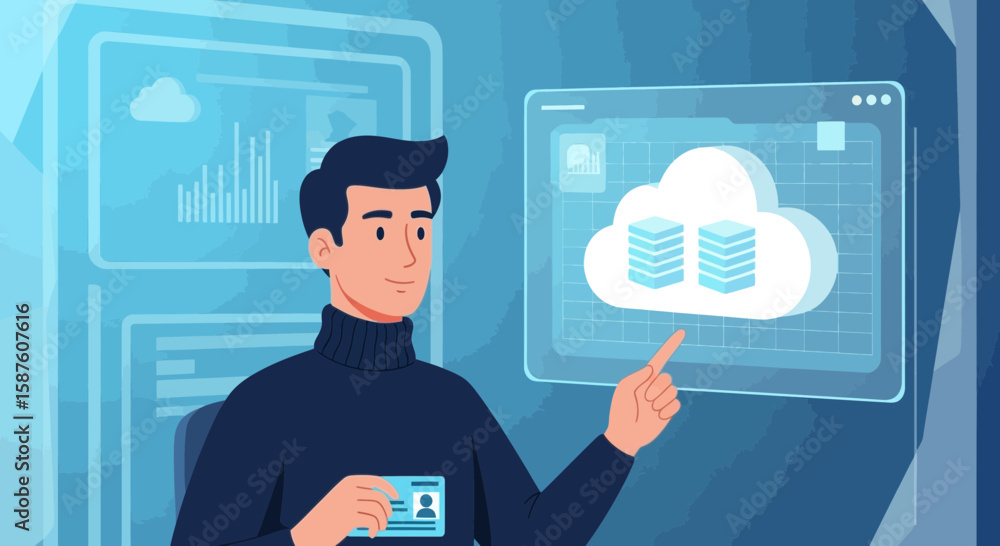 Poster man presenting cloud technology solutions for modern business architecture