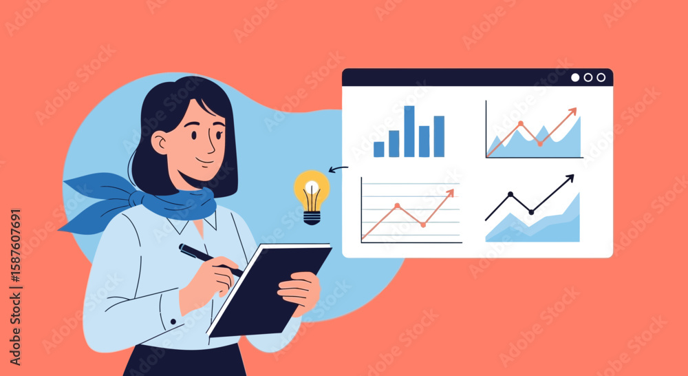 Poster woman analyzing market data and creating business ideas using statistics
