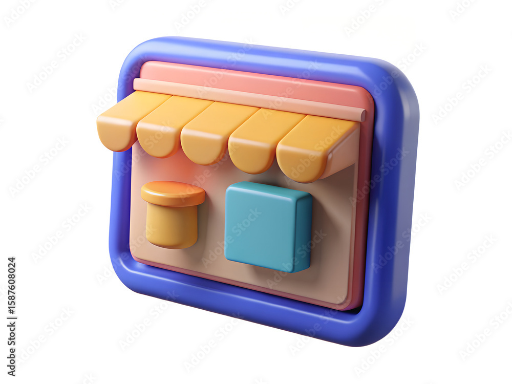 Fototapete Modern 3d rendered storefront icon with yellow awning and colorful display elements on a white background representing online shopping or retail business