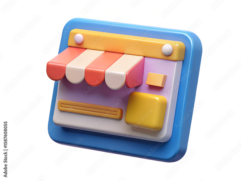 Fototapete a 3d rendered illustration of a stylized storefront with a colorful awning and various geometric sha
