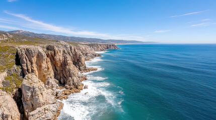 Breathtaking coastline cliffs with crashing waves under clear blue sky create serene atmosphere