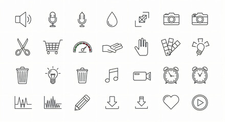A collection of various line art icons arranged in a grid on a white background representing diverse topics