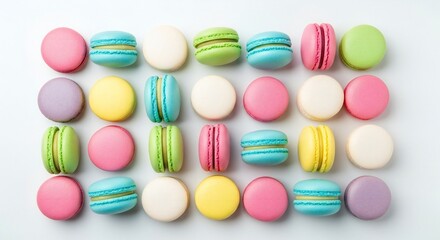 Colorful macarons arranged in a grid pattern on a white background.