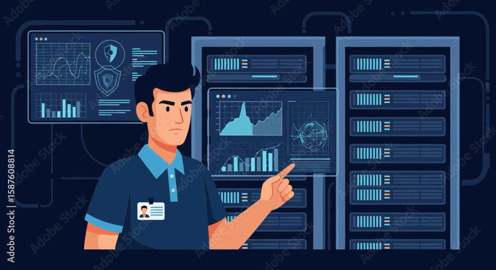 Poster professional man monitors data servers in a network infrastructure environment