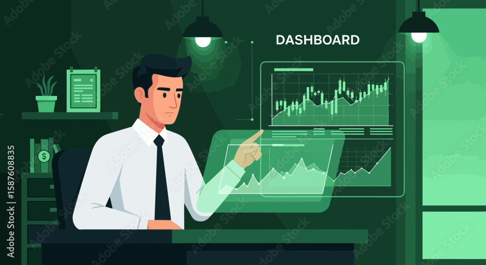 Poster man analyzing stock market data on interactive digital dashboard