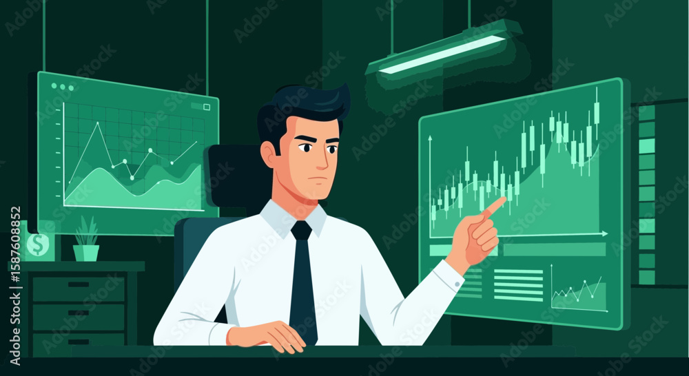 Poster analyzing stock trends man charts data displayed on multiple screens