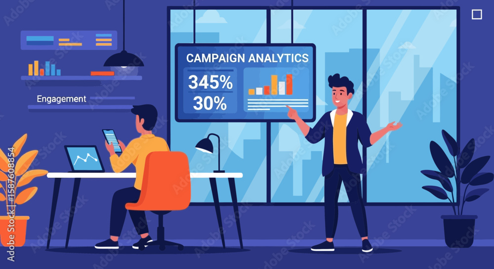Poster analyzing digital campaign data displayed on screen in a modern office