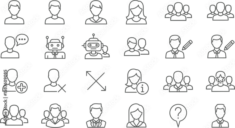 Poster vector art of a set of simple line icons representing diverse people and user avatars isolated on wh