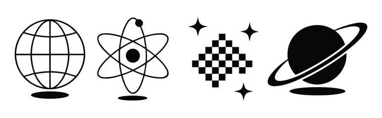 Cosmic and Scientific Symbol Icon Set &ndash; Silhouettes of Atoms, Stars, Planets, and Abstract Patterns