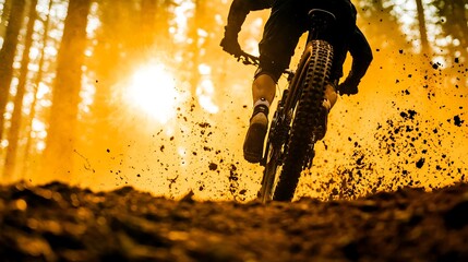 Mountain biker kicks up dirt and dust in a golden forest sunlight