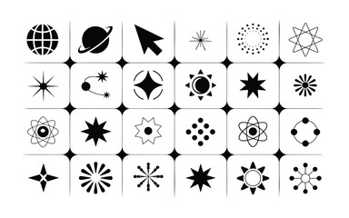 Cosmic and Scientific Symbol Icon Set – Silhouettes of Atoms, Stars, Planets, and Abstract Patterns