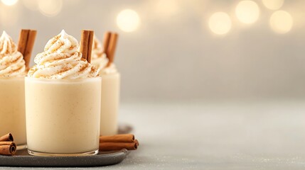 Creamy eggnog drinks with whipped cream and cinnamon sticks