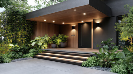 Modern home entrance with lush greenery, stylish lighting, and sleek design