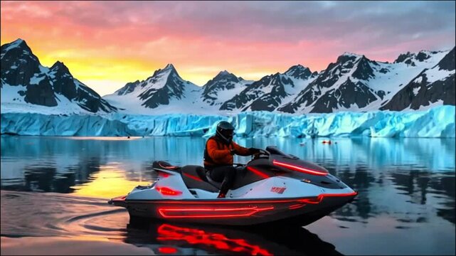 A person is riding a jet ski past a stunning landscape featuring a frozen lake and snowy mountains. The sky is painted with hues of pink and orange, suggesting a beautiful sunset or sunrise.