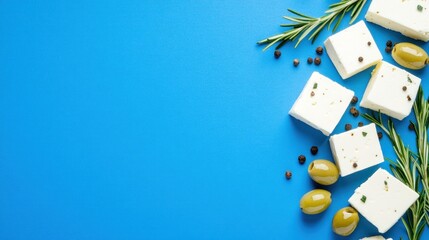 White cheese cubes with olives and rosemary