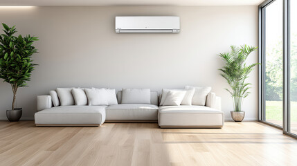 Modern air conditioner in stylish living room with comfortable sofa and plants