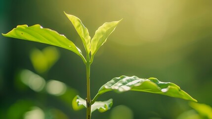 Obraz premium Vibrant green seedling reaching towards golden sunlight in a lush garden