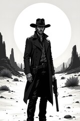 A vintage illustration of a cowboy with a rifle on a street, wearing a hat, like an old warrior