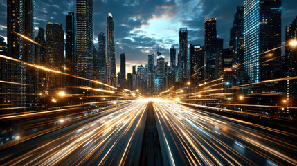 Naklejka premium Futuristic city skyline with illuminated skyscrapers and dynamic light trails