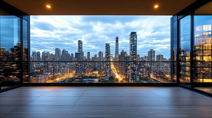 Stunning evening skyline view showcases illuminated city rooftops and vibrant lights