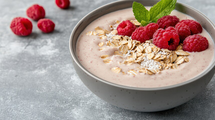 Creamy smoothie bowl topped with fresh raspberries and oats, perfect for healthy breakfast