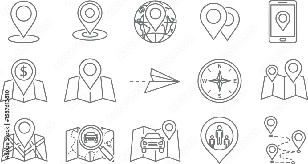 Poster vector art of a set of location and navigation icons representing maps, pins, and travel destination