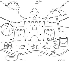 A simple black and white vector-style outline of a summer beach scene, featuring a sandcastle, ball, bucket, Shovel, and umbrella on the beach, suitable for a kids' coloring book page.
