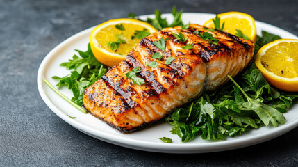 Grilled fish with greens and citrus garnished with herbs creates vibrant dish