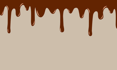 Deliciously melted brown chocolate liquid drips and flows on a cocoa background.
