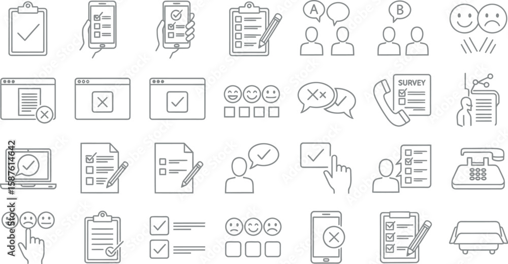 Fototapete vector art of a set of survey and feedback icons, featuring checklists, mobile devices, and rating s