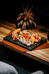 Delicious sushi platter served in a stylish restaurant during dinner time
