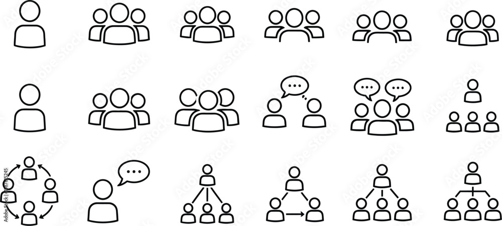 Poster vector art of a collection of line art icons representing team structures, communication networks, a