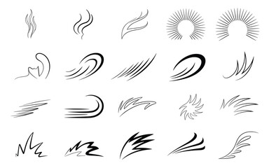 Fototapeta premium Abstract Flow and Energy Icon Set – Silhouettes of Waves, Flames, and Dynamic Line Patterns
