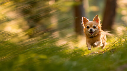 Chihuahua dashing through a meadow, embodying pure joy and freedom in motion.