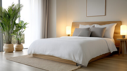 Serene bedroom featuring cozy bed with white bedding, soft pillows, and stylish lamps