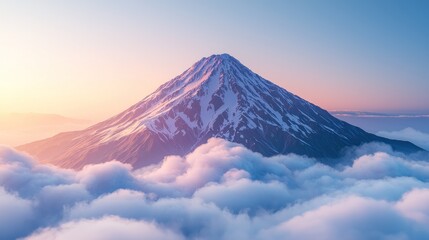 Fototapeta premium Snowy mountain peak surrounded by fluffy clouds at sunrise