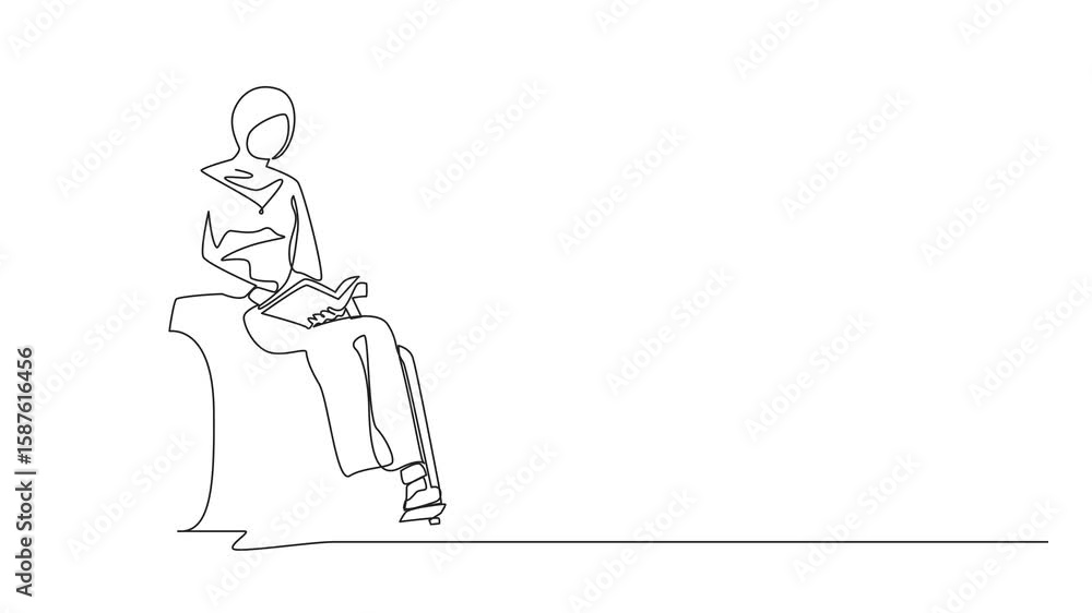 Poster animation of continuous one line drawing positive student disabled reads book while sitting in wheel