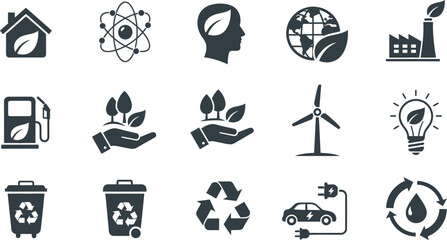 Vector art of this is a collection of ecology and environmental line art icons isolated on white background, including a house with a leaf and a recycling symbol