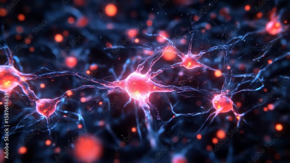 Poster detailed view of neurons, glowing red and blue. complex network of interconnected structures