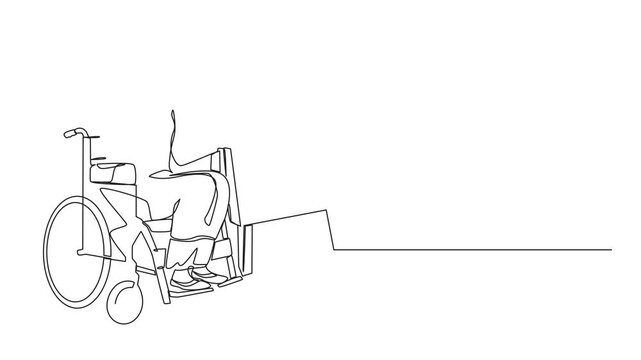 Animated self drawing of single one line drawing Arabic businesswoman on wheelchair using microphone, presentation on flip chart at weekly office report meeting. Full length single line animation