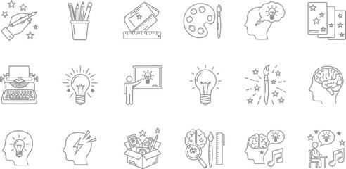 Vector art of a collection of art and creativity icons isolated on white background represents artistic tools, creative thinking, and educational concepts
