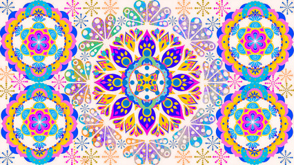 Fototapeta premium Colorful mandala pattern with floral and paisley motifs in bright pop colors. Ideal for festive backdrops, ethnic design projects, or decorative digital art. Abstract seamless pattern