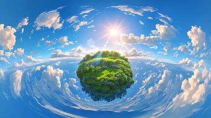 360 degree view of a green planet with meadows, trees and blue sky with white clouds