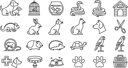 Vector art of a collection of pet and animal icons isolated on white background, perfect for illustrating veterinary services, pet care products, and animalrelated content