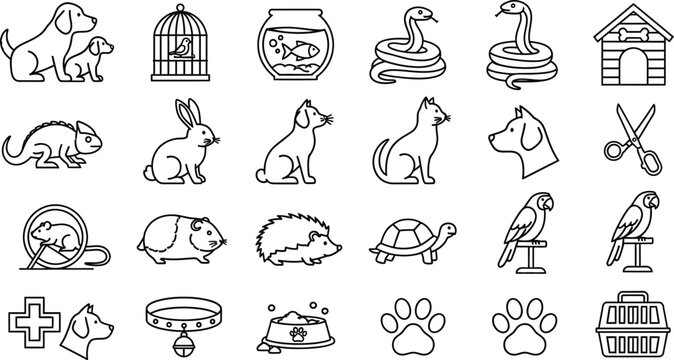 Vector art of a collection of pet and animal icons isolated on white background, perfect for illustrating veterinary services, pet care products, and animalrelated content