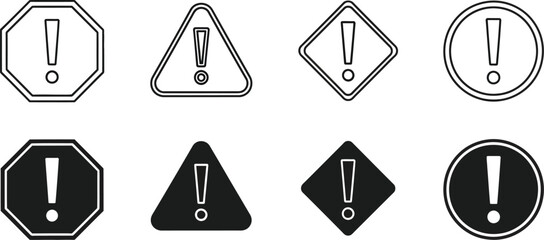 Vector art of various warning signs with exclamation marks in different shapes and styles, isolated on white background