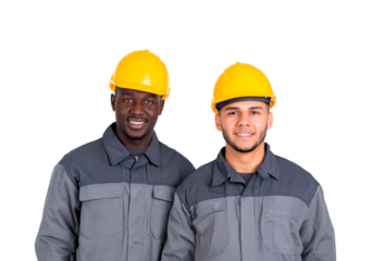 Two men workers in safety gear smiling on transparent background, PNG