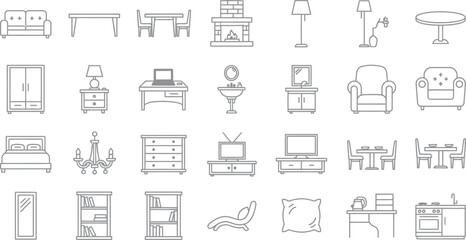 Vector art of a collection of furniture icons isolated on white background showcases essential elements for interior design and home furnishing